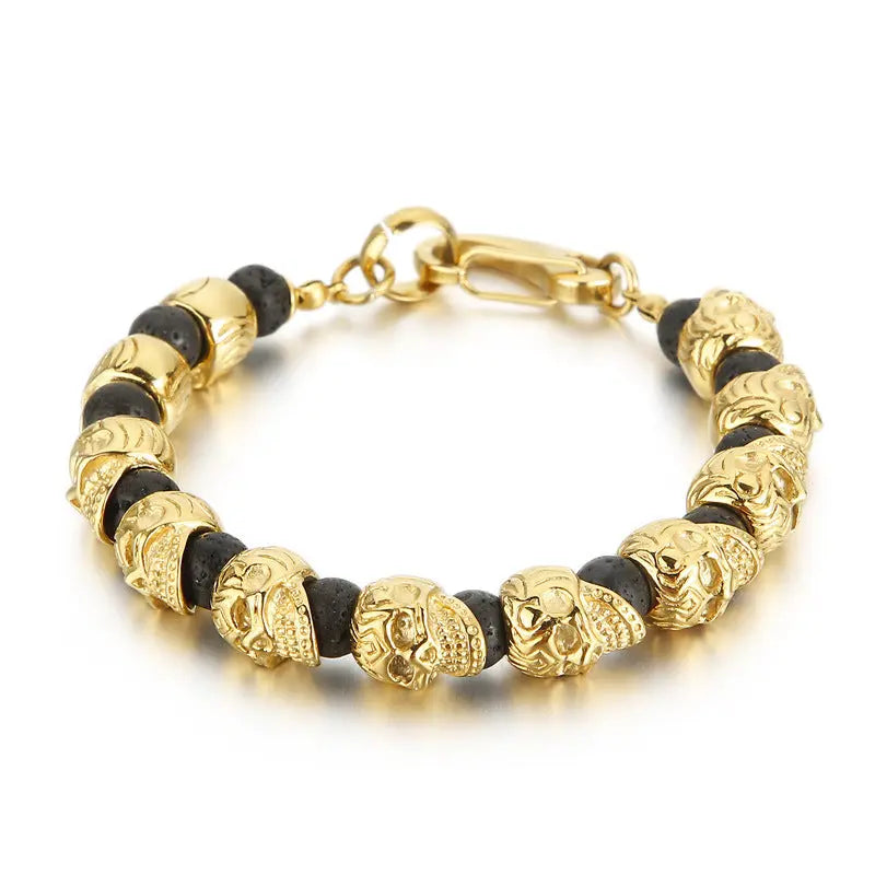 Natural Stone Bead Stainless Steel Skull Bracelet