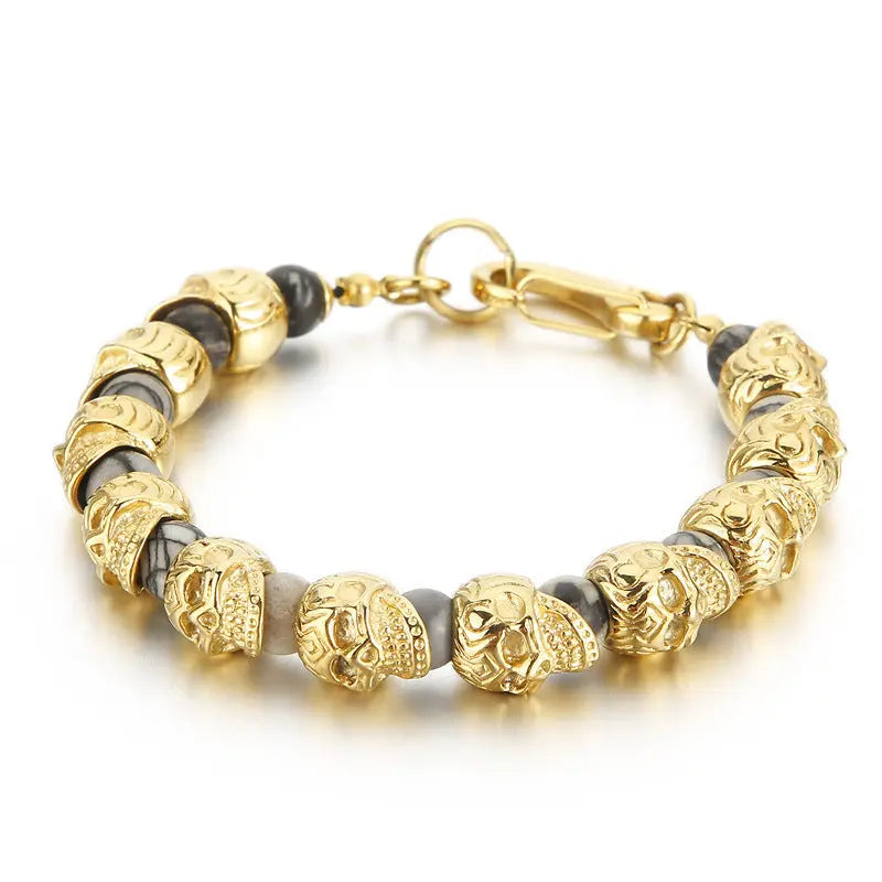 Natural Stone Bead Stainless Steel Skull Bracelet