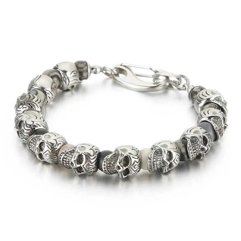 Natural Stone Bead Stainless Steel Skull Bracelet