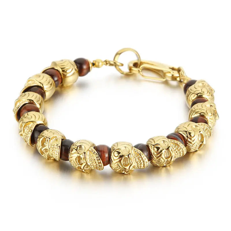 Natural Stone Bead Stainless Steel Skull Bracelet