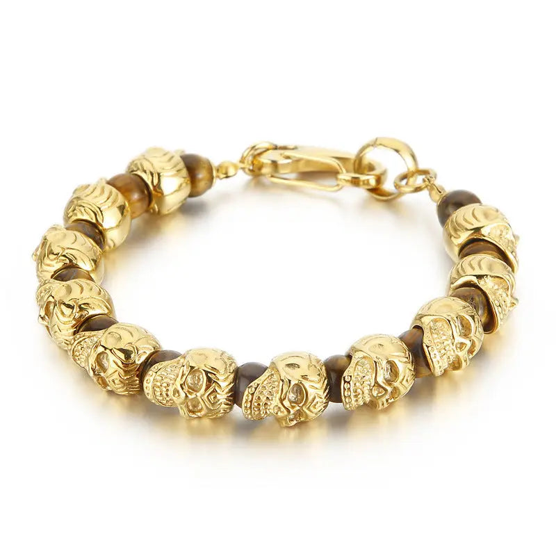 Natural Stone Bead Stainless Steel Skull Bracelet