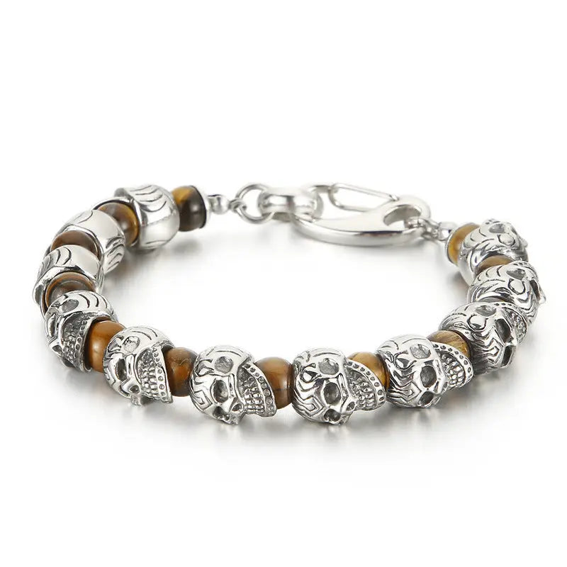 Natural Stone Bead Stainless Steel Skull Bracelet