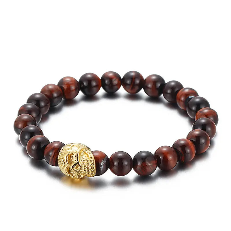 Natural Stone Round Beads Skull Style Stretchable Bracelet