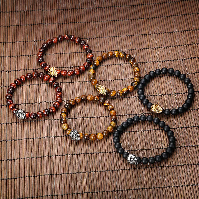 Natural Stone Round Beads Skull Style Stretchable Bracelet