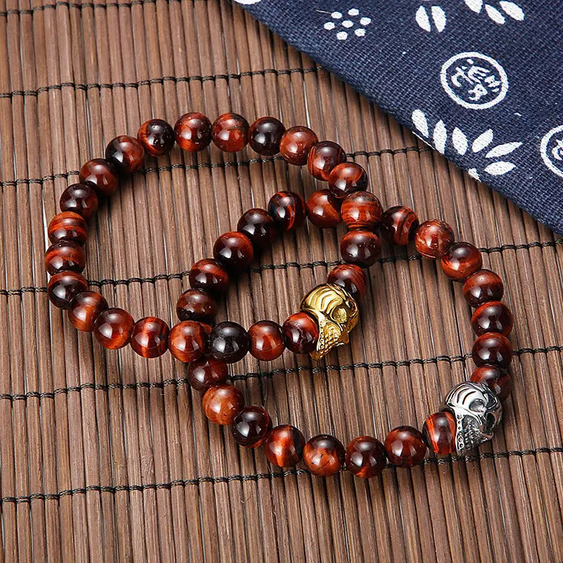Natural Stone Round Beads Skull Style Stretchable Bracelet