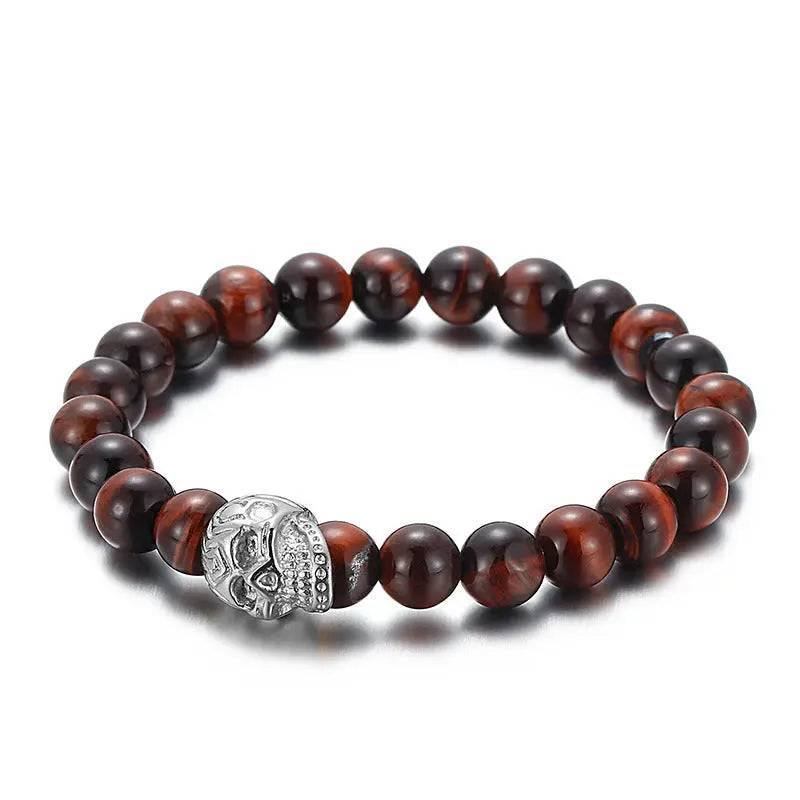 Natural Stone Round Beads Skull Style Stretchable Bracelet