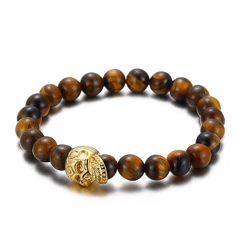 Natural Stone Round Beads Skull Style Stretchable Bracelet