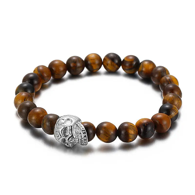 Natural Stone Round Beads Skull Style Stretchable Bracelet