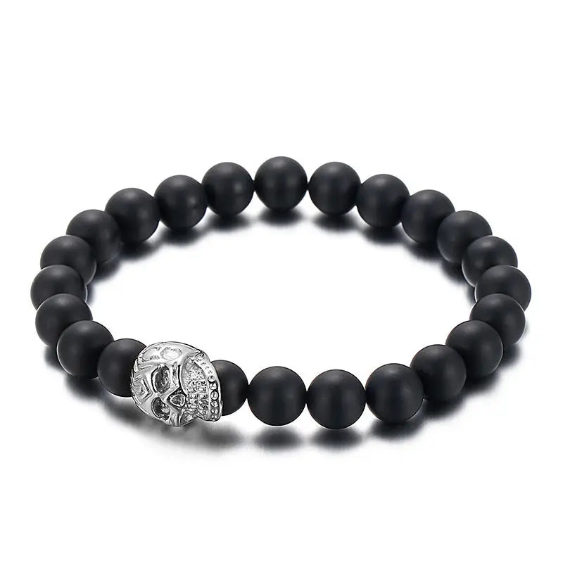 Natural Stone Round Beads Skull Style Stretchable Bracelet