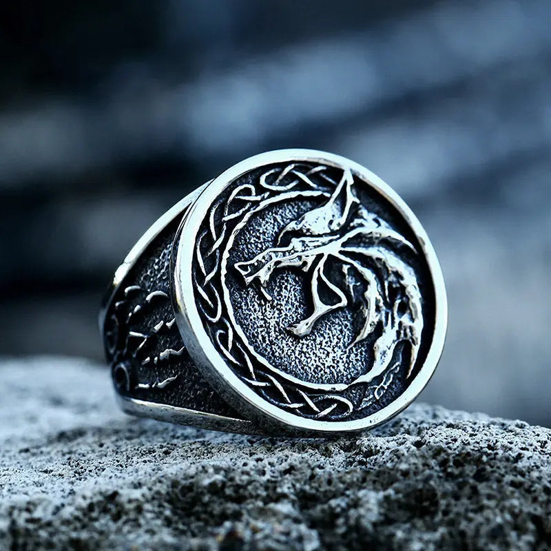 Nordic Viking Celtic Knot Wolf Head Ring