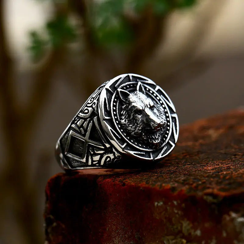 Nordic Wolf Head Signet Stainless Steel Ring