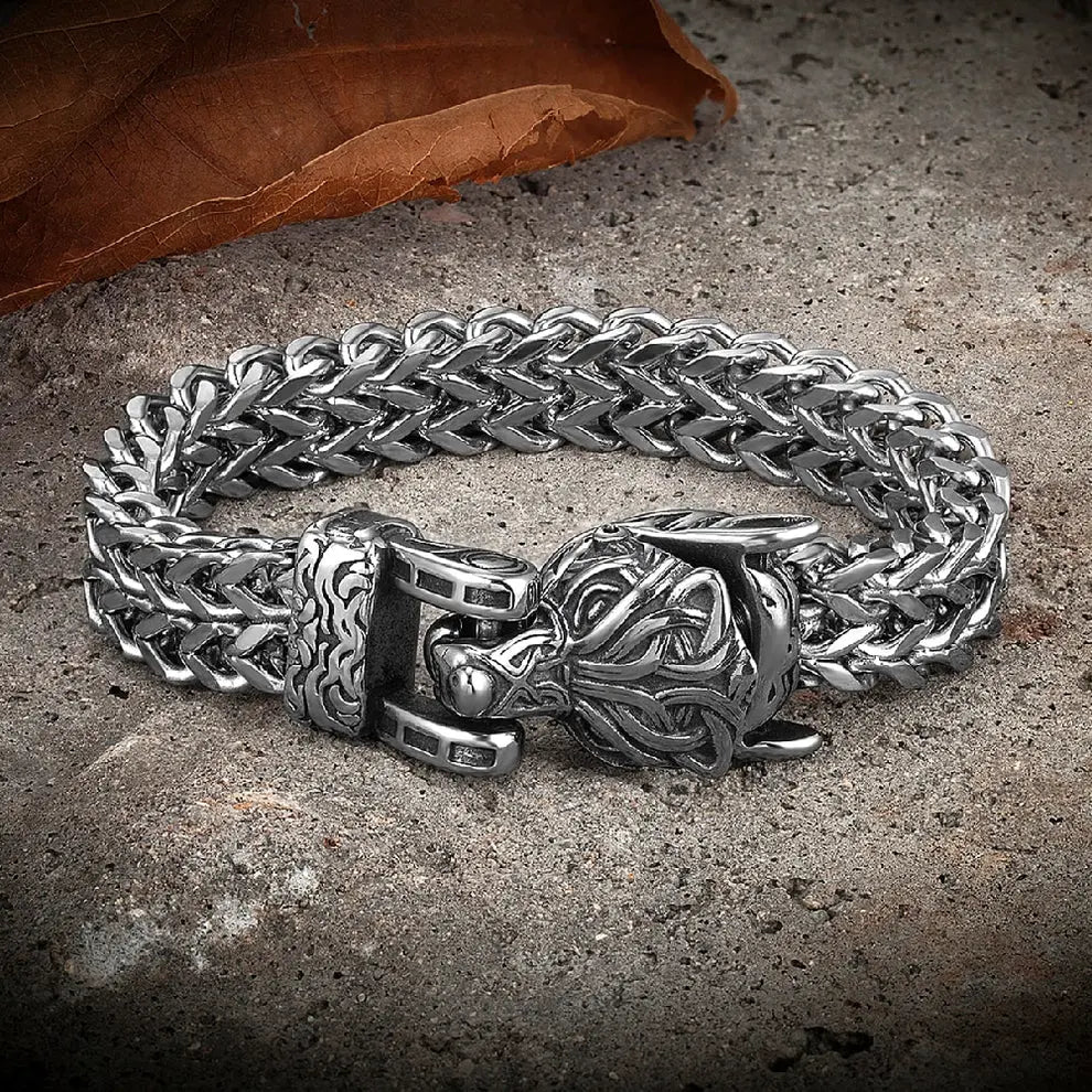 Norse Mythology Stainless Steel Viking Wolf Head Bracelet