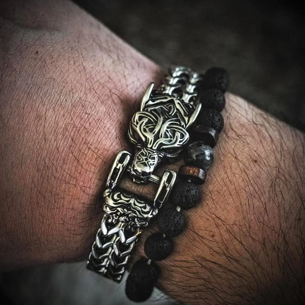 Norse Mythology Stainless Steel Viking Wolf Head Bracelet