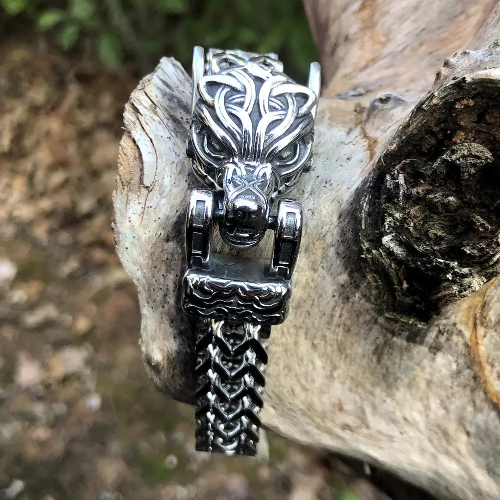 Norse Mythology Stainless Steel Viking Wolf Head Bracelet