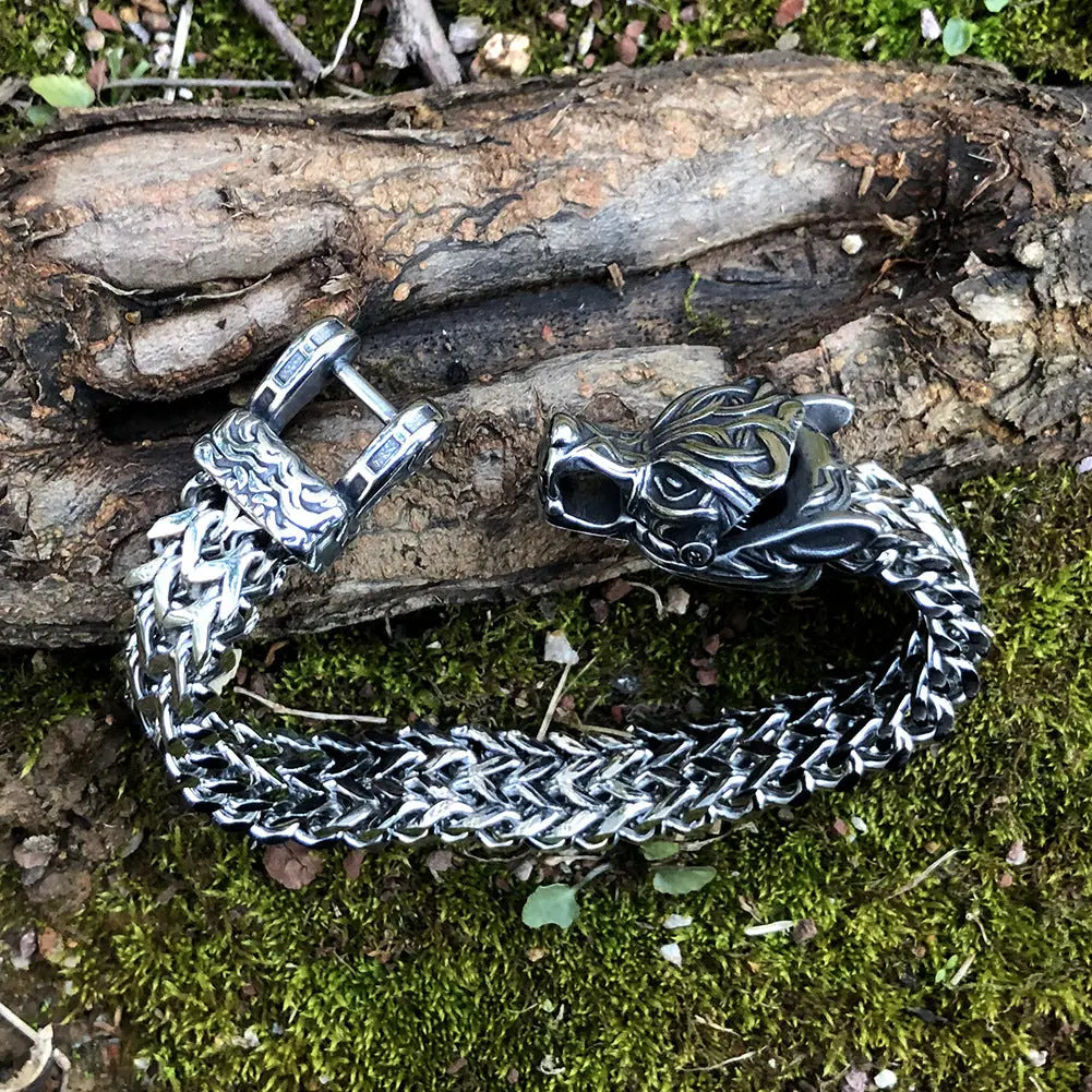 Norse Mythology Stainless Steel Viking Wolf Head Bracelet