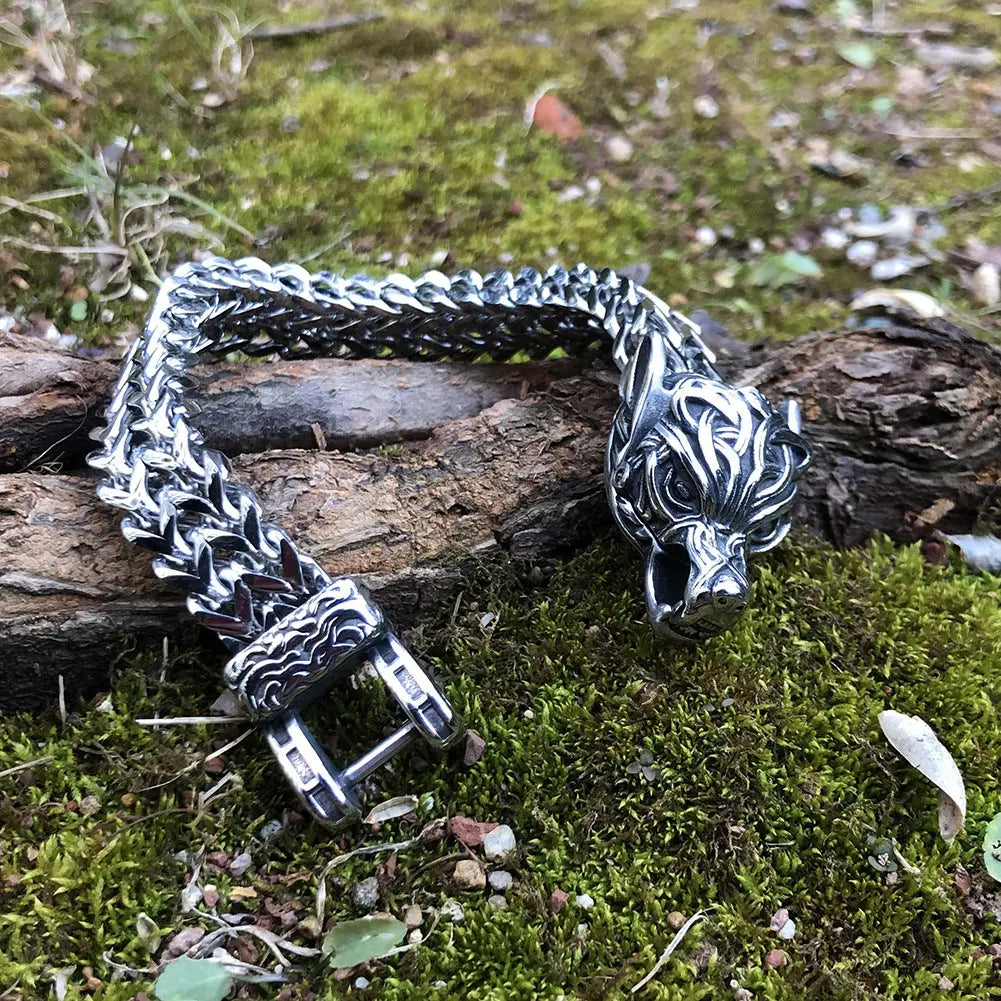 Norse Mythology Stainless Steel Viking Wolf Head Bracelet