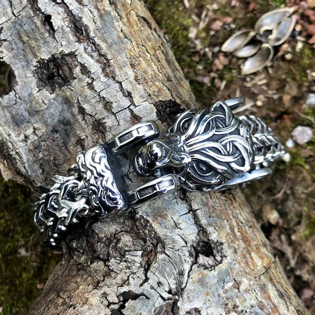 Norse Mythology Stainless Steel Viking Wolf Head Bracelet