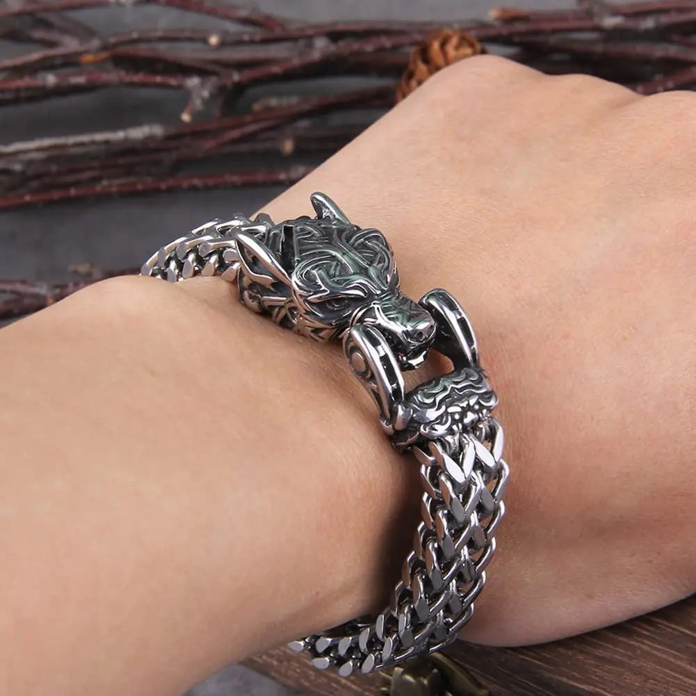 Norse Mythology Stainless Steel Viking Wolf Head Bracelet