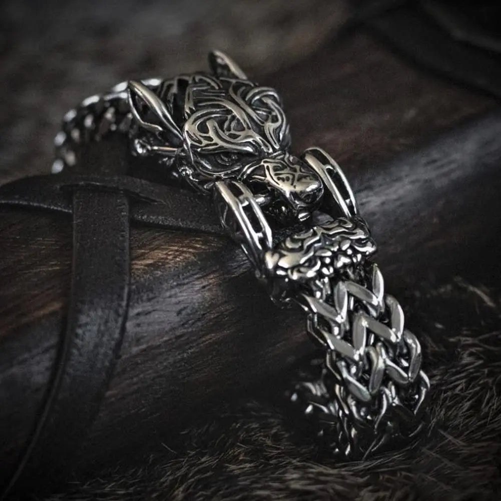 Norse Mythology Stainless Steel Viking Wolf Head Bracelet