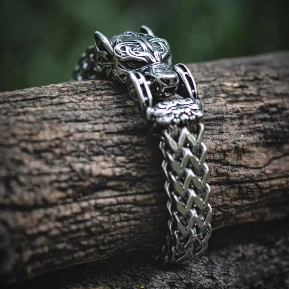 Norse Mythology Stainless Steel Viking Wolf Head Bracelet