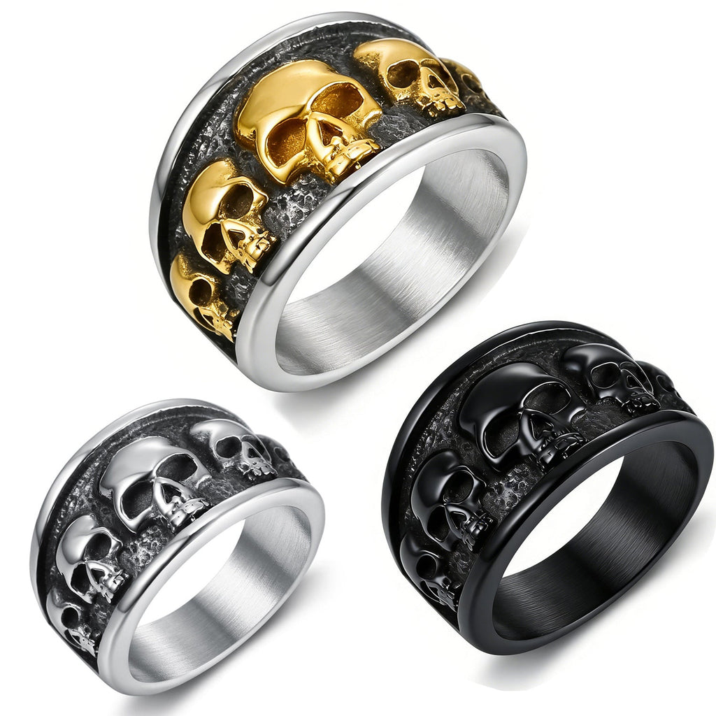 Vintage Multi Skull Wide Band Stainless Steel Ring