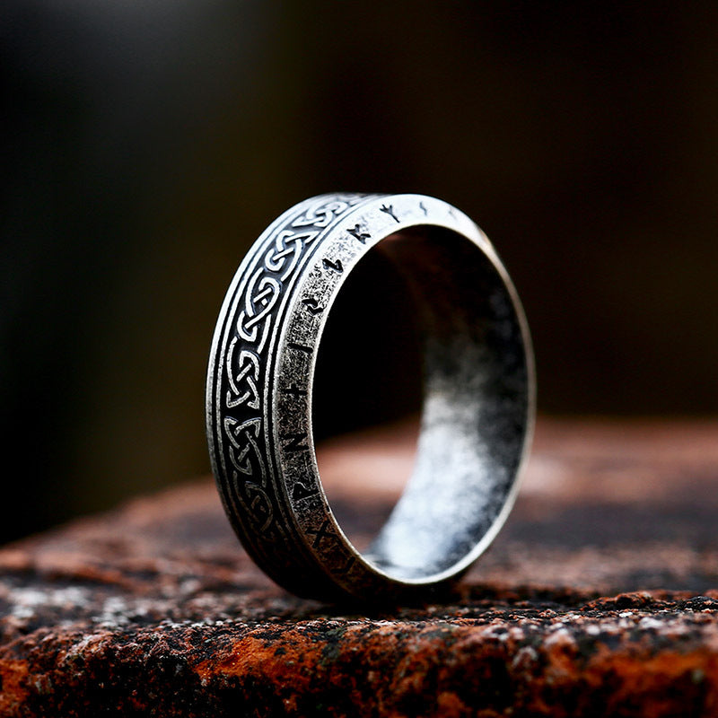 Classic Celtic Knot With Runes Engraved  Stainless Steel Ring