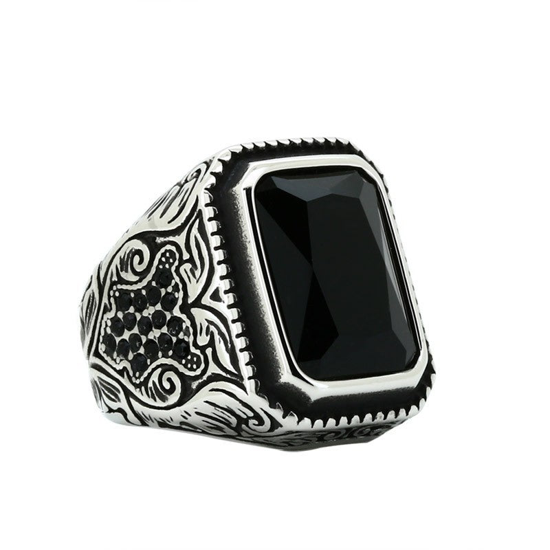 Carved Multi‑Gem Stainless Steel Ring