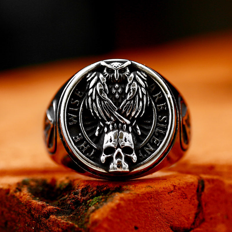 "The Wise Are Silent" Owl Skull Masonic Signet Ring