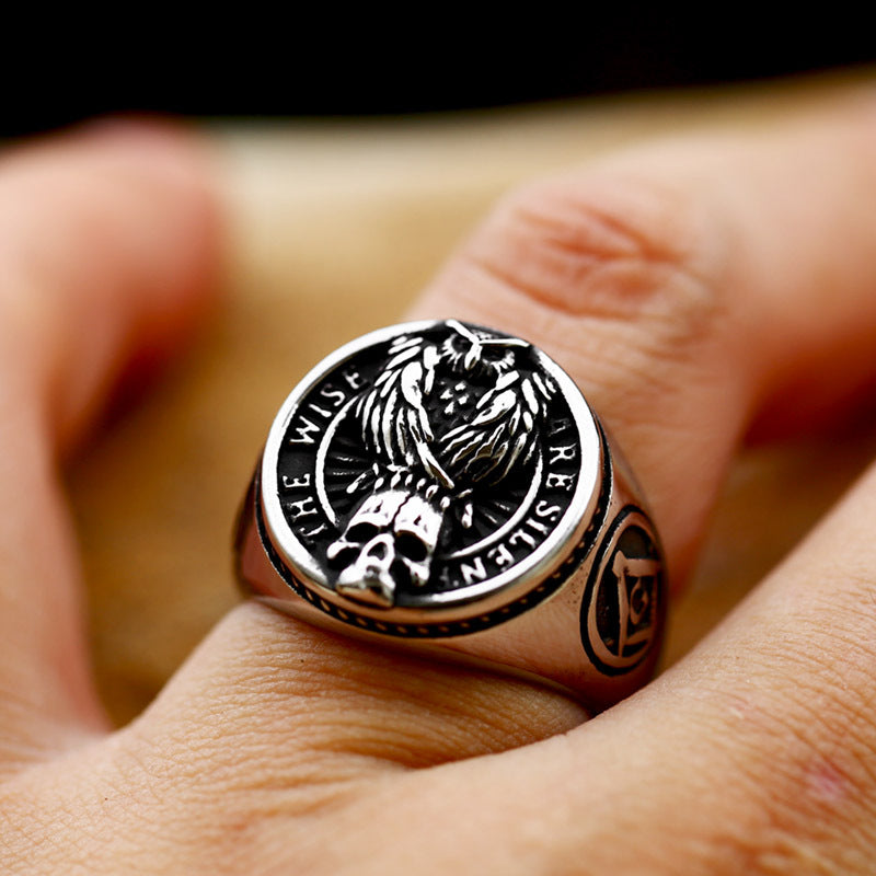 "The Wise Are Silent" Owl Skull Masonic Signet Ring