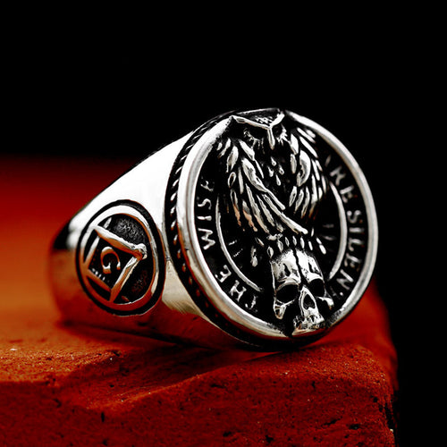 "The Wise Are Silent" Owl Skull Masonic Signet Ring