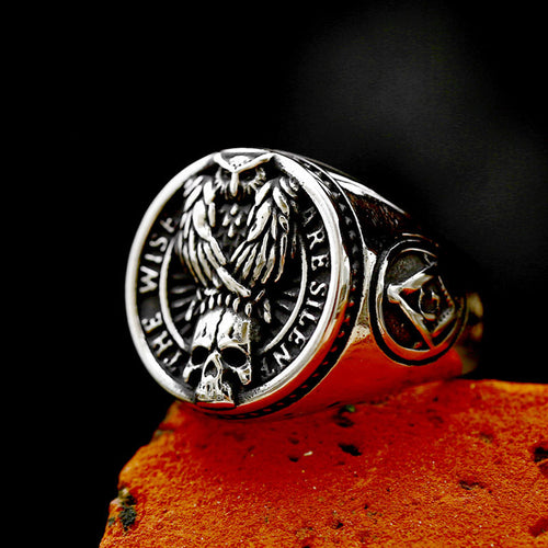 "The Wise Are Silent" Owl Skull Masonic Signet Ring