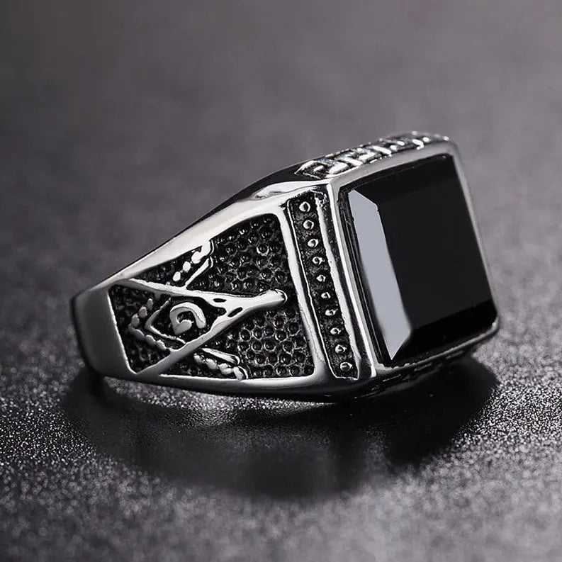 Obsidian Masonic Stainless Steel Ring