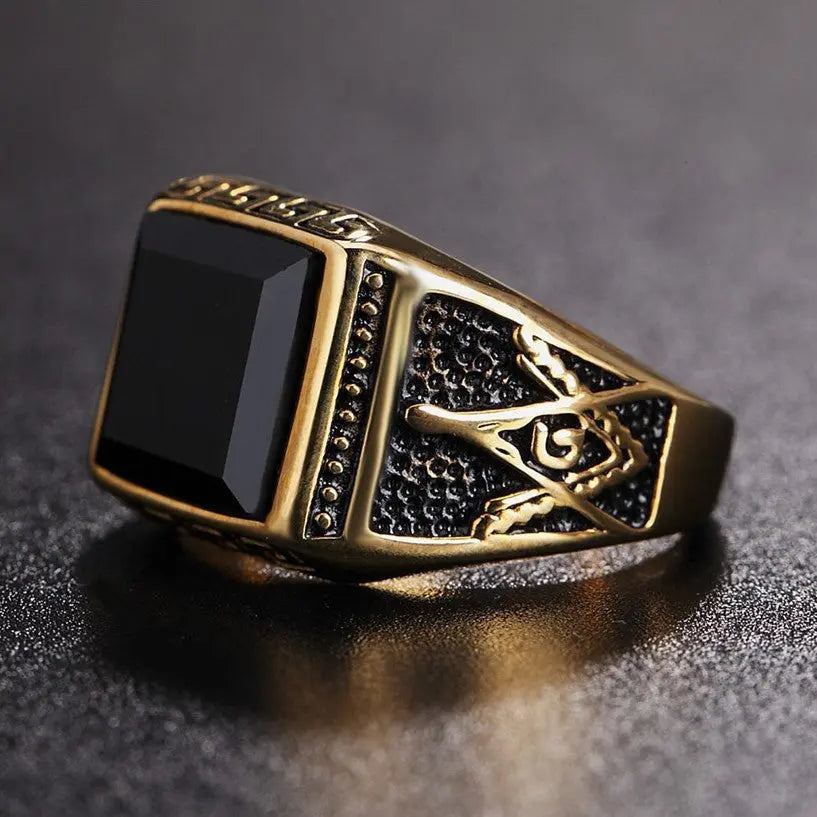 Obsidian Masonic Stainless Steel Ring