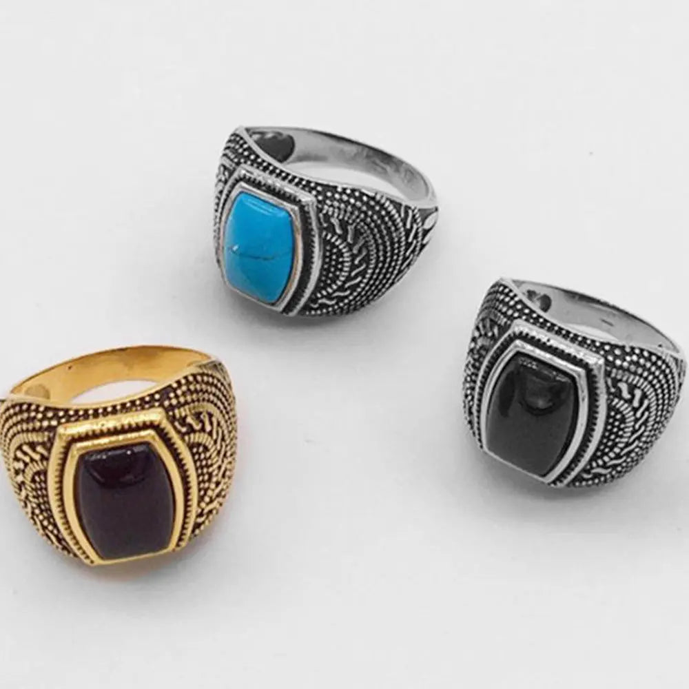 Obsidian-Turquoise Vintage Stainless Steel Ring