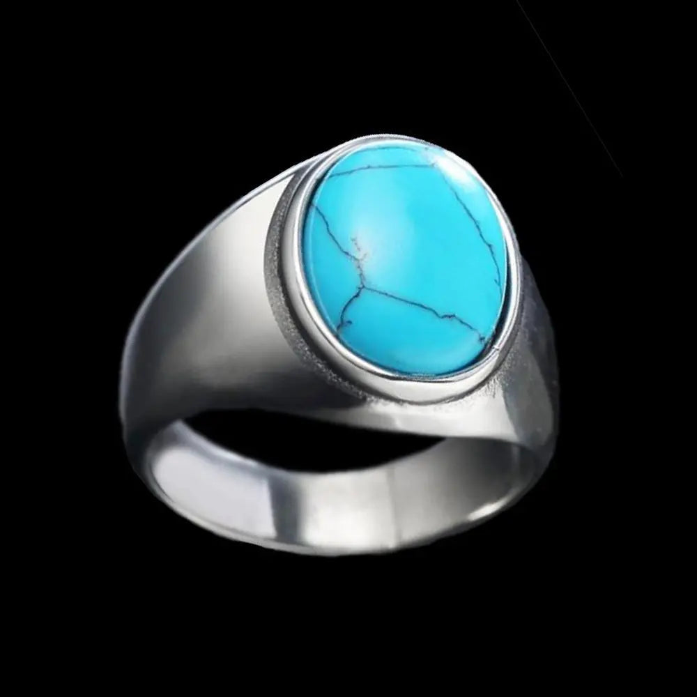 Oval Blue Turquoise-Obsidian Stainless Steel Ring