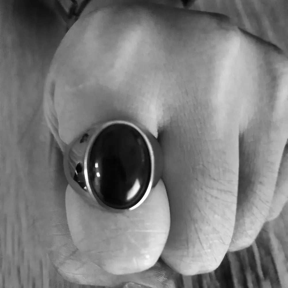 Oval Blue Turquoise-Obsidian Stainless Steel Ring