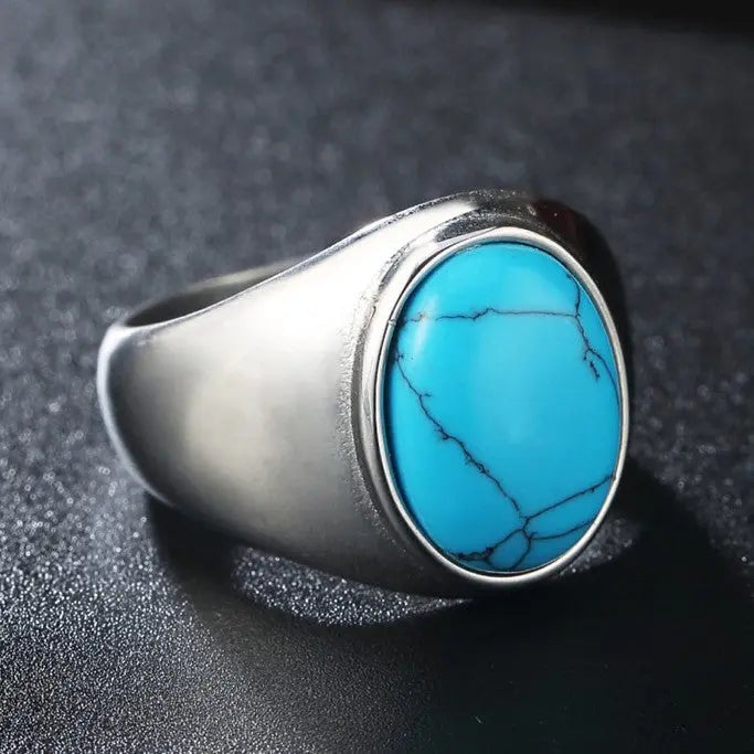 Oval Blue Turquoise-Obsidian Stainless Steel Ring