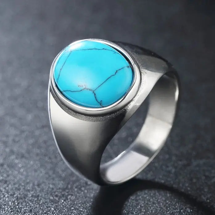 Oval Blue Turquoise-Obsidian Stainless Steel Ring
