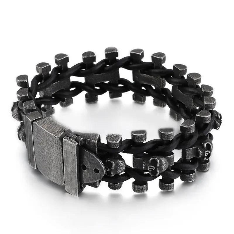 PU Braided Skull Stainless Steel Bracelet