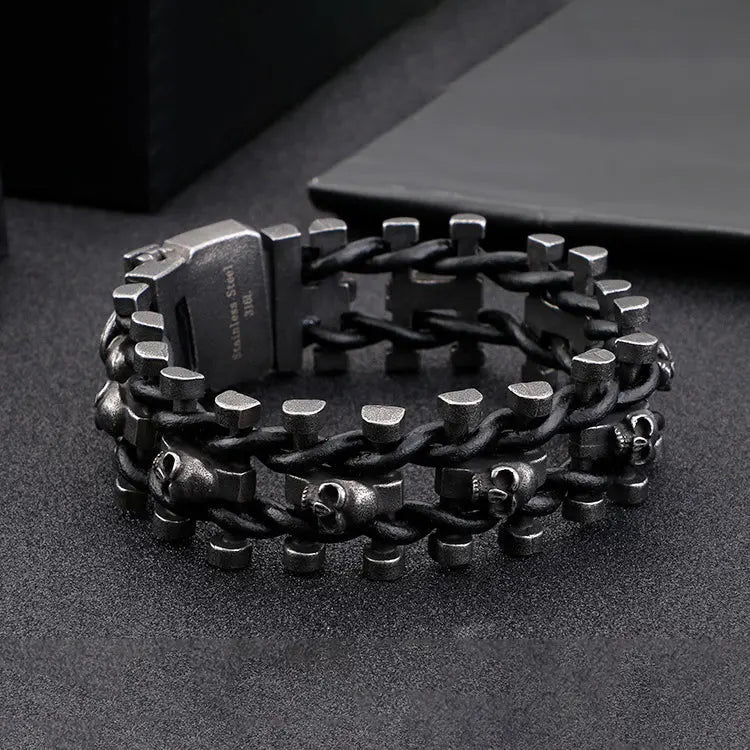 PU Braided Skull Stainless Steel Bracelet