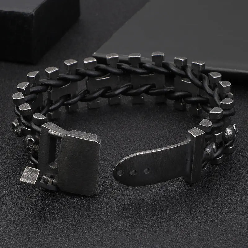 PU Braided Skull Stainless Steel Bracelet
