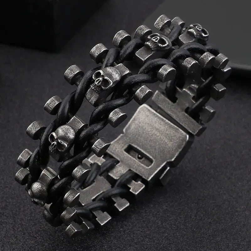 PU Braided Skull Stainless Steel Bracelet