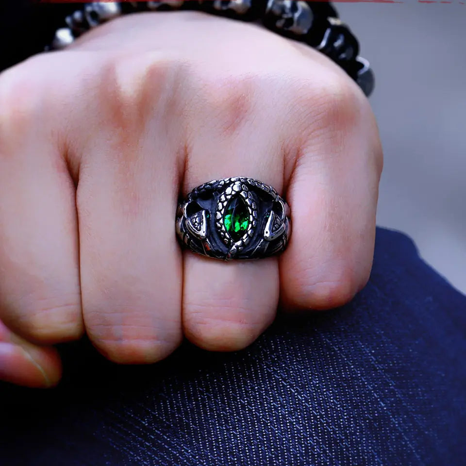 Power Snake Stainless Steel Emerald Ring