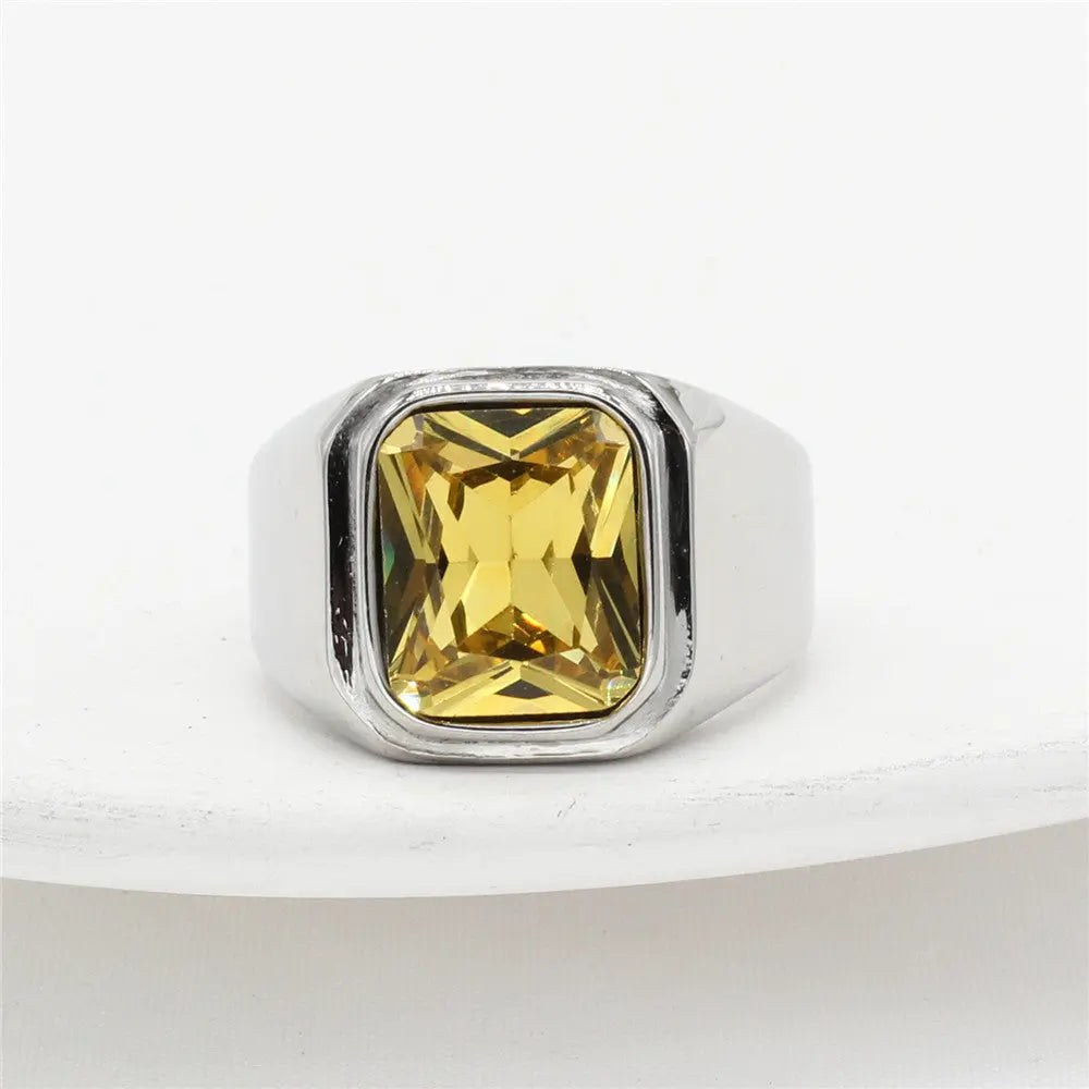 Radiant Cut Gemstone Inlaid Stainless Steel Ring