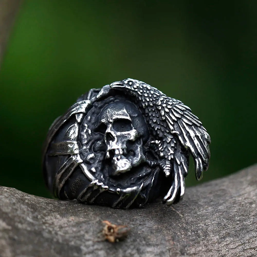 Raven And Skull Stainless Steel Ring