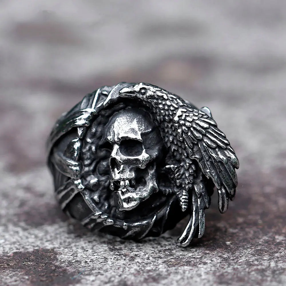 Raven And Skull Stainless Steel Ring