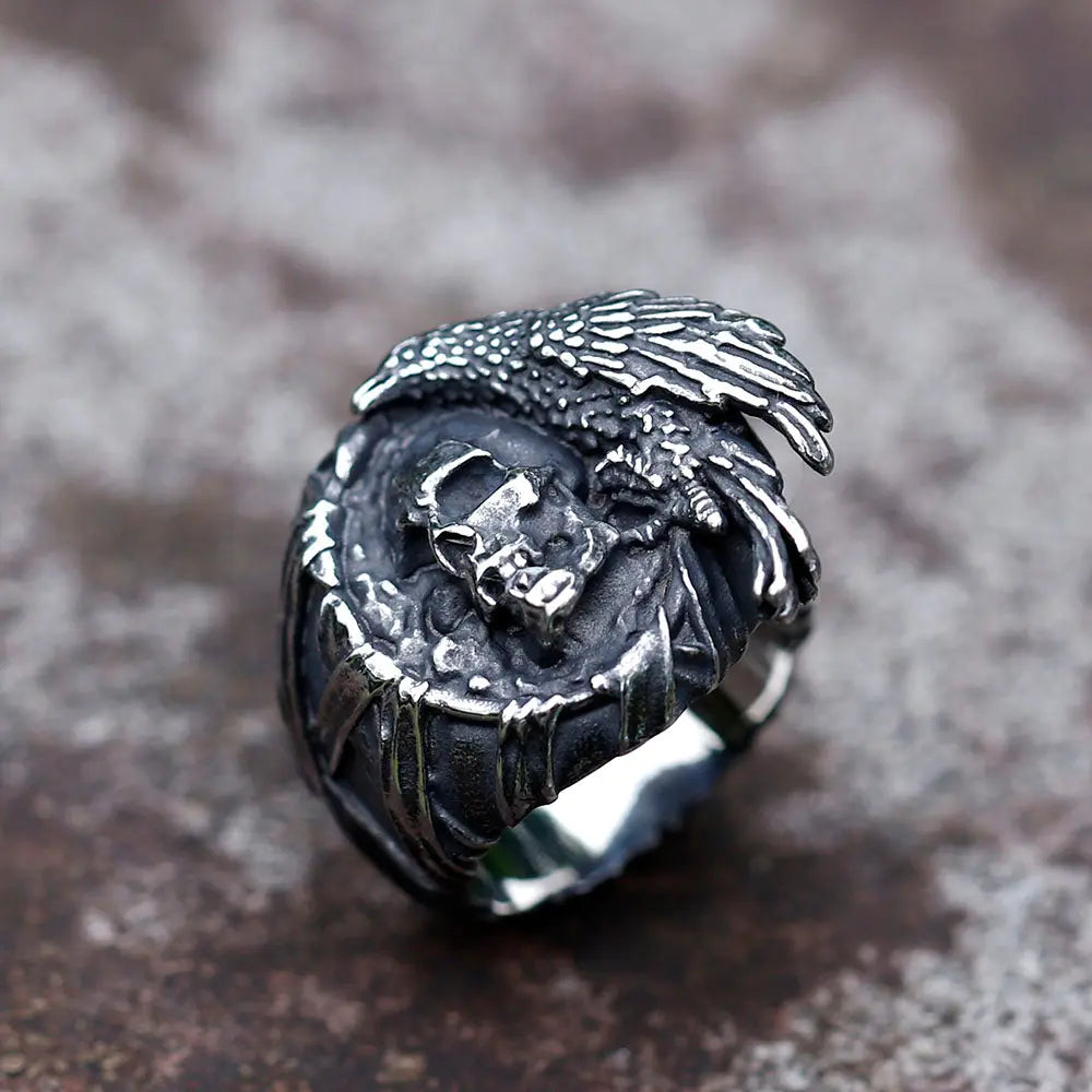 Raven And Skull Stainless Steel Ring