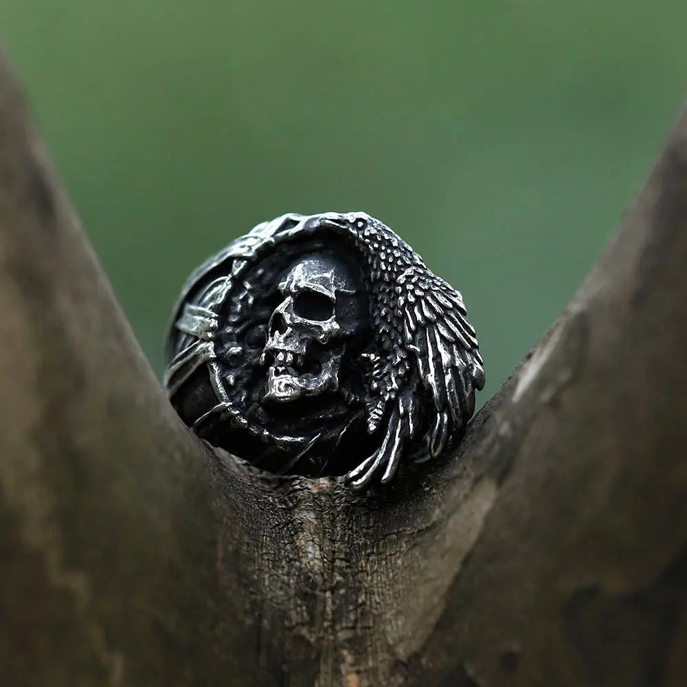 Raven And Skull Stainless Steel Ring