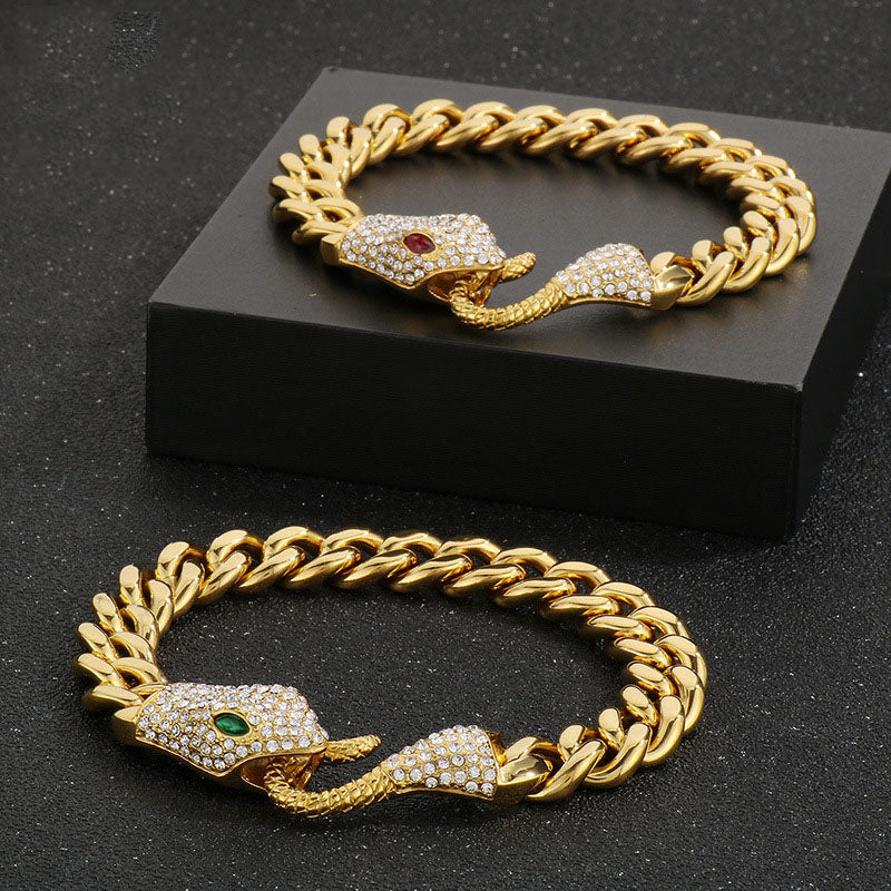 Rhinestone Snake Ouroboros Cuban Chain Bracelet