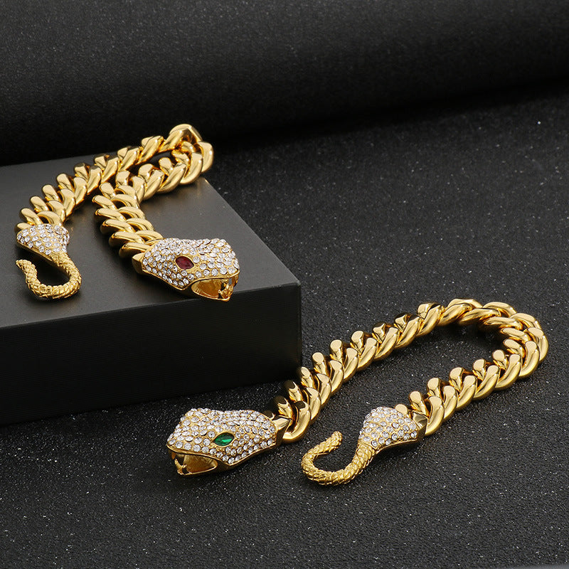 Rhinestone Snake Ouroboros Cuban Chain Bracelet